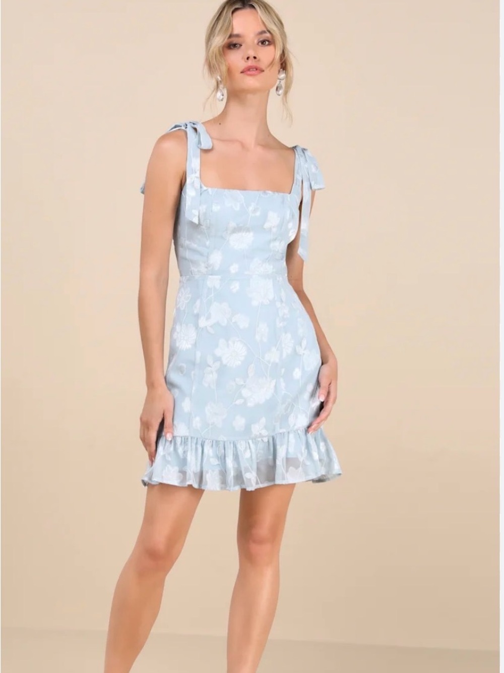 Cider Light Blue Floral Tie-Shoulder Mini Dress